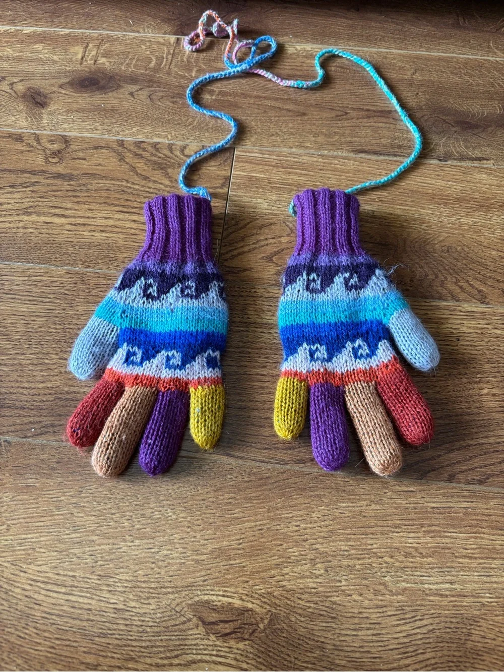 Alpaca wool Colorful Striped Knit Kids Mittens with Connecting Cord